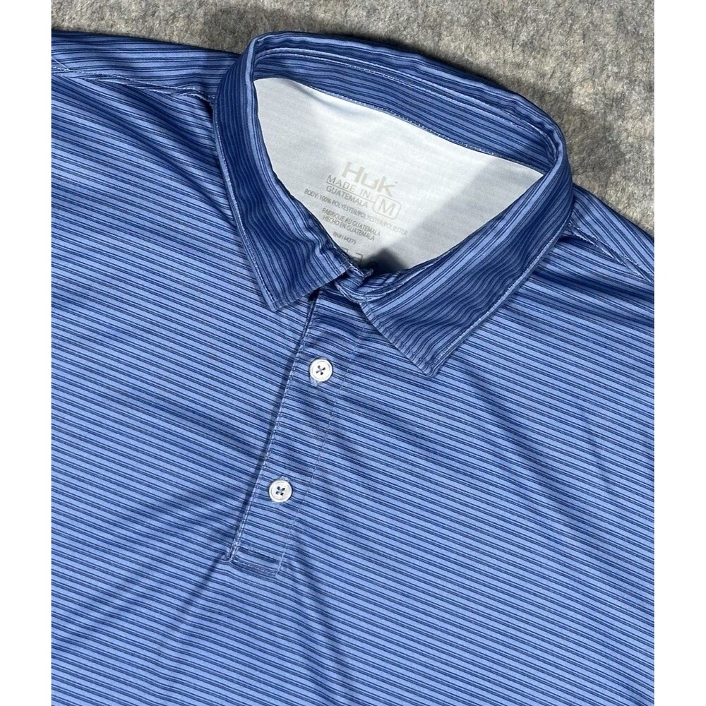 Huk Pursuit Novelty Polo Men’s M Blue Striped Performance Fishing UPF 50 Stretch